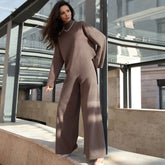 Asymmetric High Neck Bell Sleeve Sweater Wide Leg Pants Matching Set - Caramel